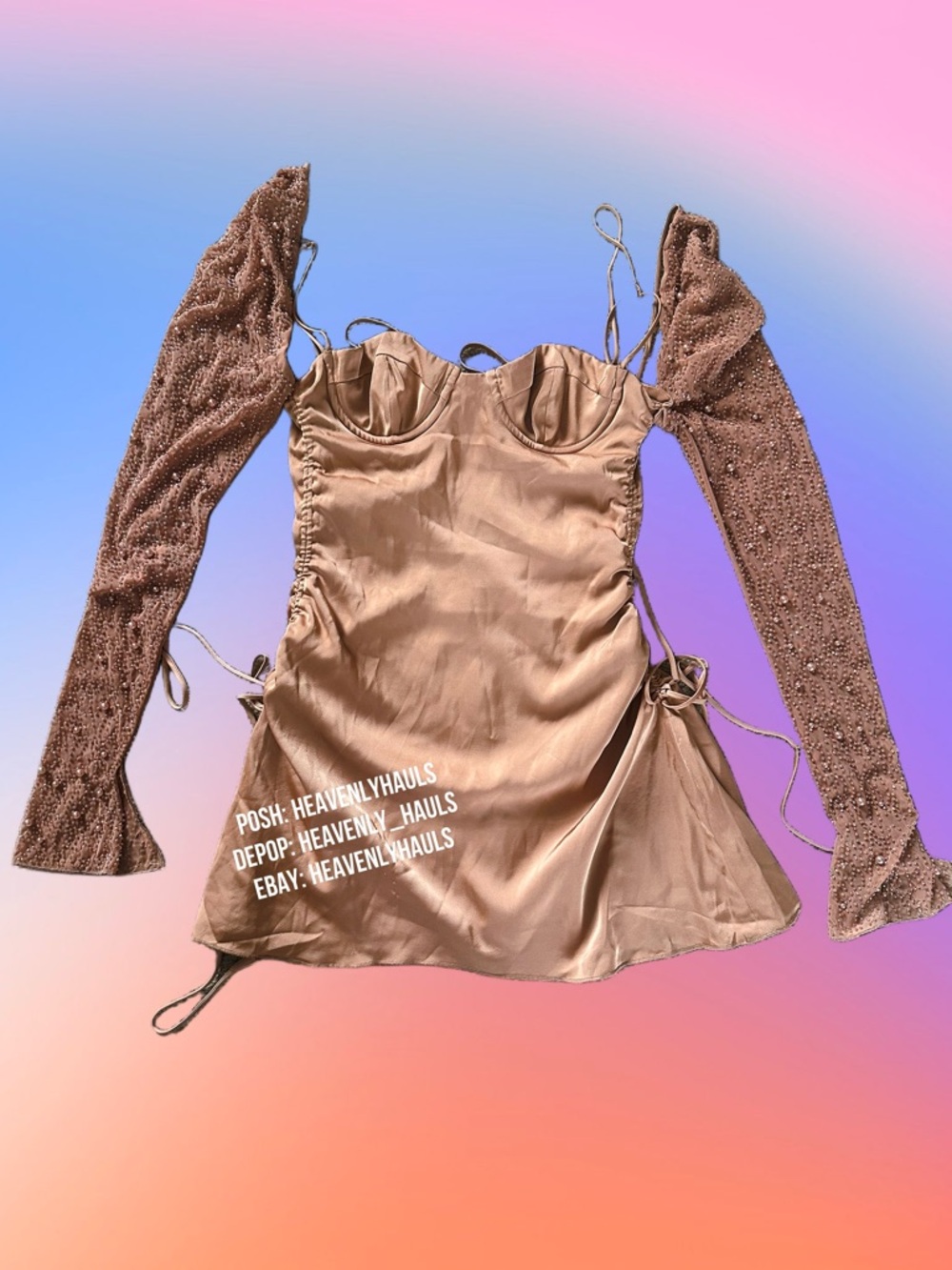 Oh Polly Geneva Nude Mini Dress w/ Embellished Sleeves - Beaded, strappy, flirty